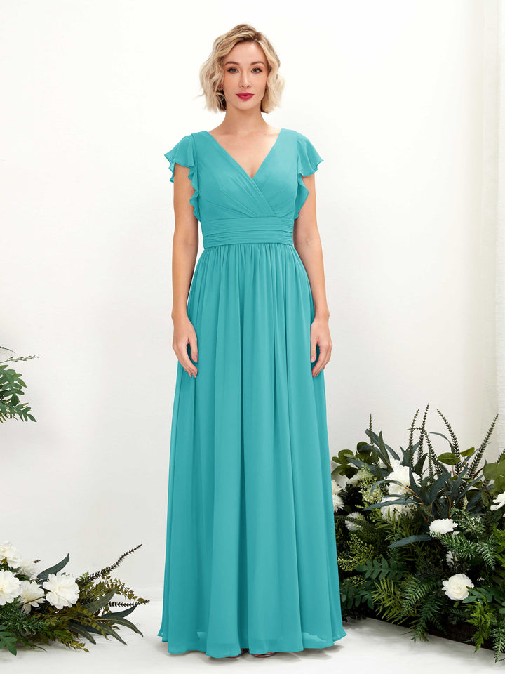 V-neck Short Sleeves Chiffon Bridesmaid Dress - Turquoise (81222723)