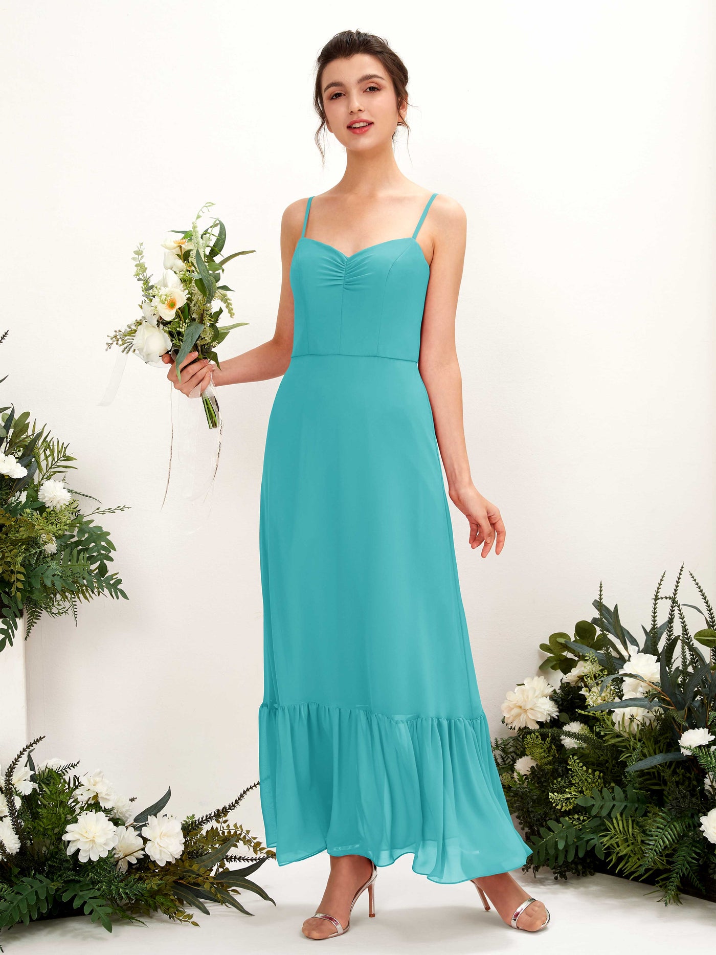 Spaghetti-straps Sweetheart Sleeveless Chiffon Bridesmaid Dress - Turquoise (81223023)#color_turquoise