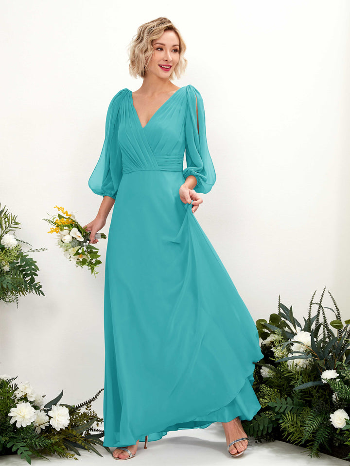 V-neck 3/4 Sleeves Chiffon Bridesmaid Dress - Turquoise (81223523)