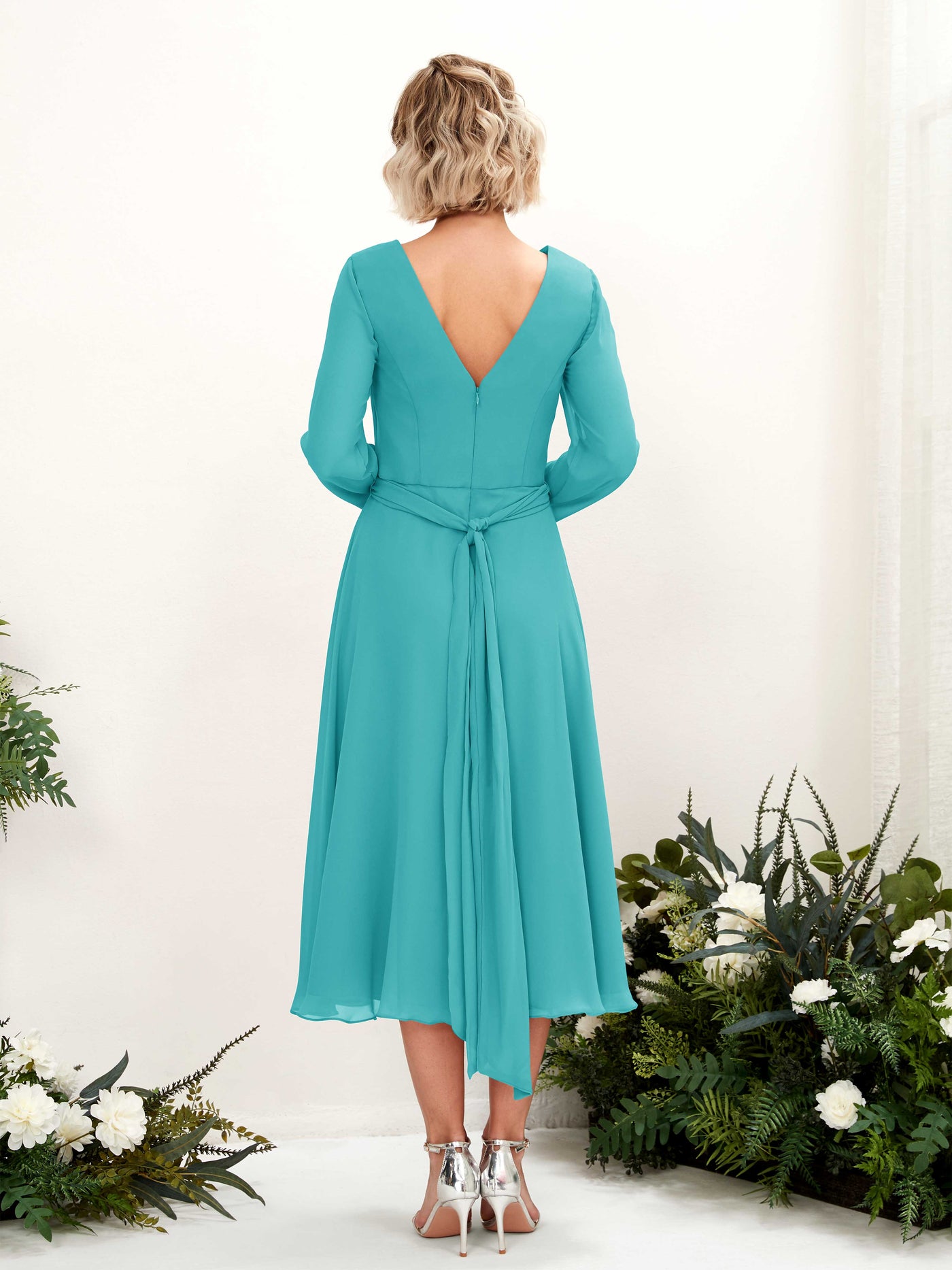 Carlyna Joanna A-Line Turquoise Bridesmaid Dress Midi Long Sleeve V-Neck  #color_turquoise