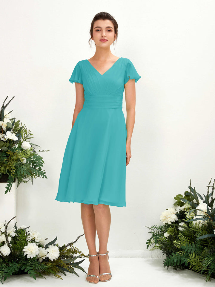 V-neck Short Sleeves Chiffon Bridesmaid Dress - Turquoise (81220223)