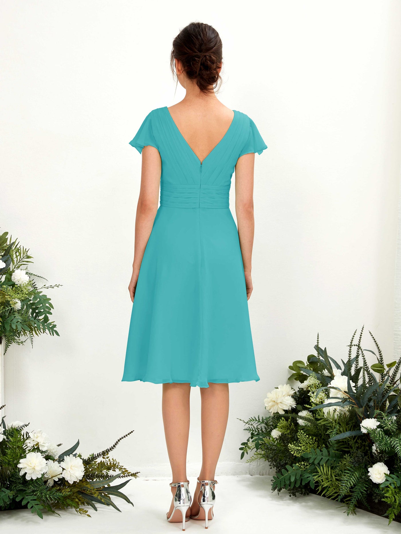 Carlyna Betty A-Line Turquoise Bridesmaid Dress Knee-Length Short Sleeve V-Neck Dress #color_turquoise