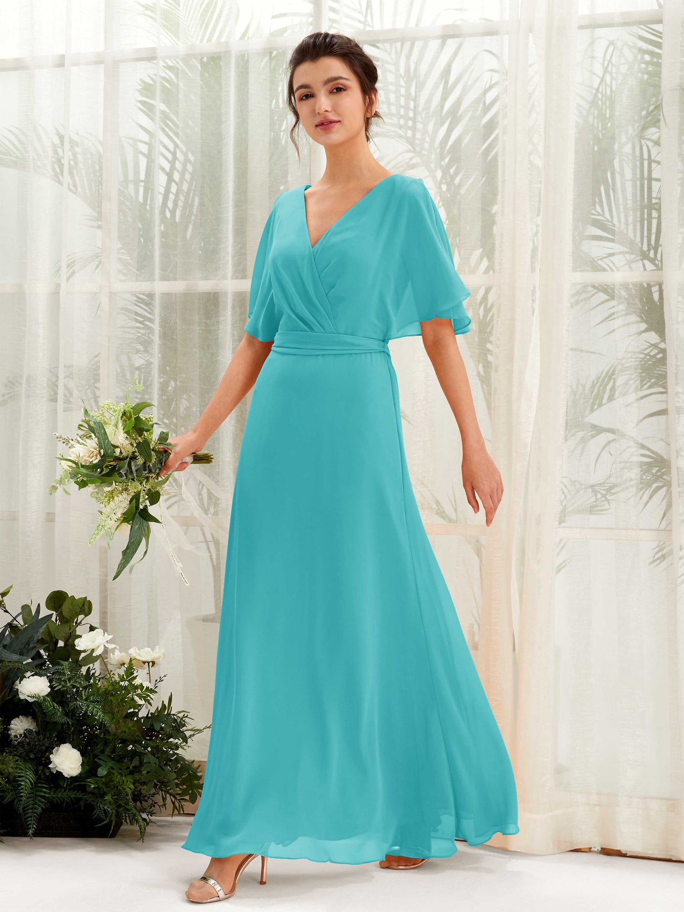 Carlyna Merta A-Line Turquoise Bridesmaid Dress Maxi Short Sleeve V-Neck Dress #color_turquoise