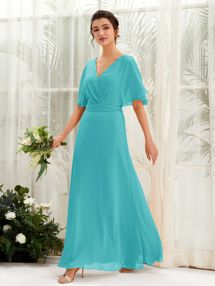 V-neck Short Sleeves Chiffon Bridesmaid Dress - Turquoise (81222423)