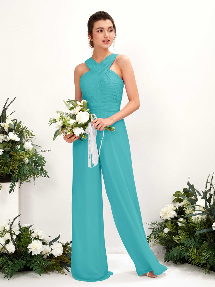 V-neck Sleeveless Chiffon Bridesmaid Dress Wide-Leg Jumpsuit - Turquoise (81220723)