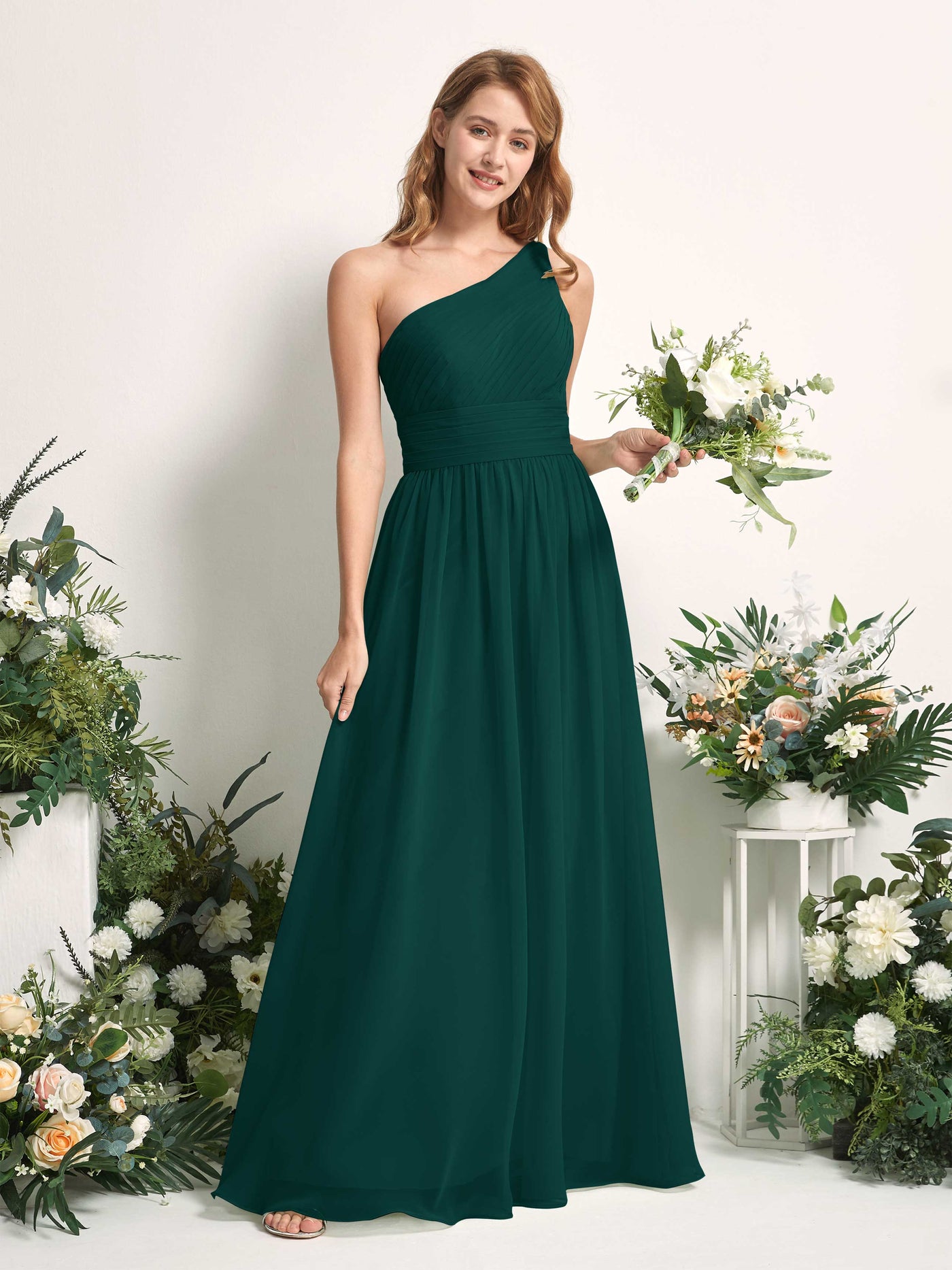 Bridesmaid Dress A-line Chiffon One Shoulder Full Length Sleeveless Wedding Party Dress - Dark Emerald (81226717)#color_dark-emerald