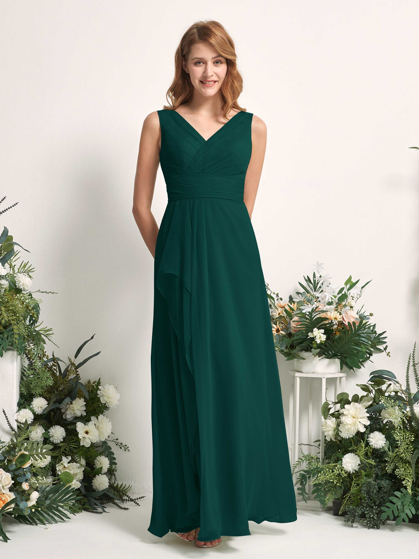 Bridesmaid Dress A-line Chiffon V-neck Full Length Sleeveless Wedding Party Dress - Dark Emerald (81227117)#color_dark-emerald