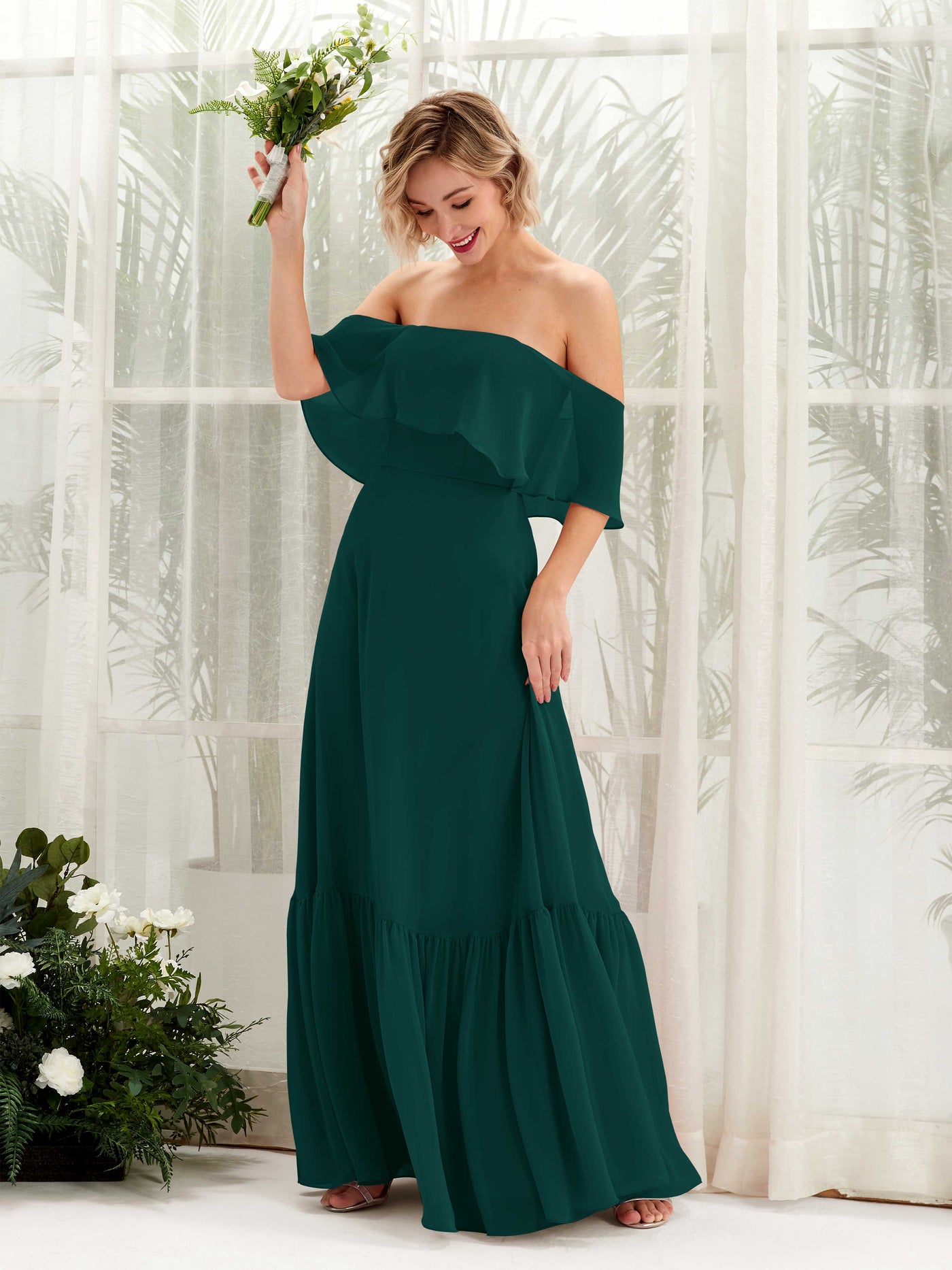 Carlyna Joie A-Line Dark Emerald Bridesmaid Dress Maxi Sleeveless Off the Shoulder Dress #color_dark-emerald