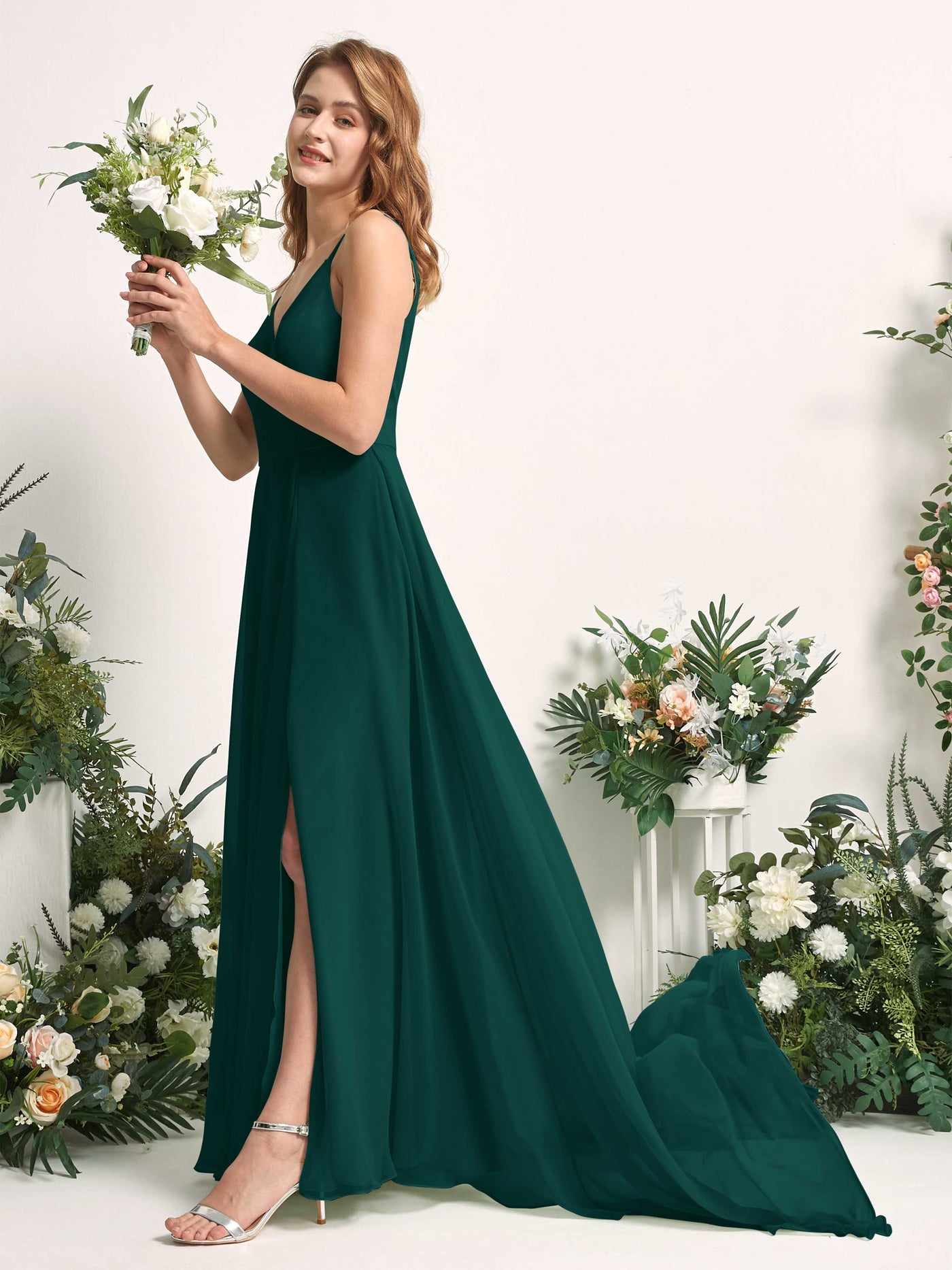 Bridesmaid Dress A-line Chiffon Spaghetti-straps Full Length Sleeveless Wedding Party Dress - Dark Emerald (81227717)#color_dark-emerald