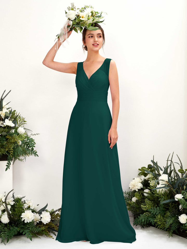 A-line V-neck Sleeveless Chiffon Bridesmaid Dress - Dark Emerald (81220917)