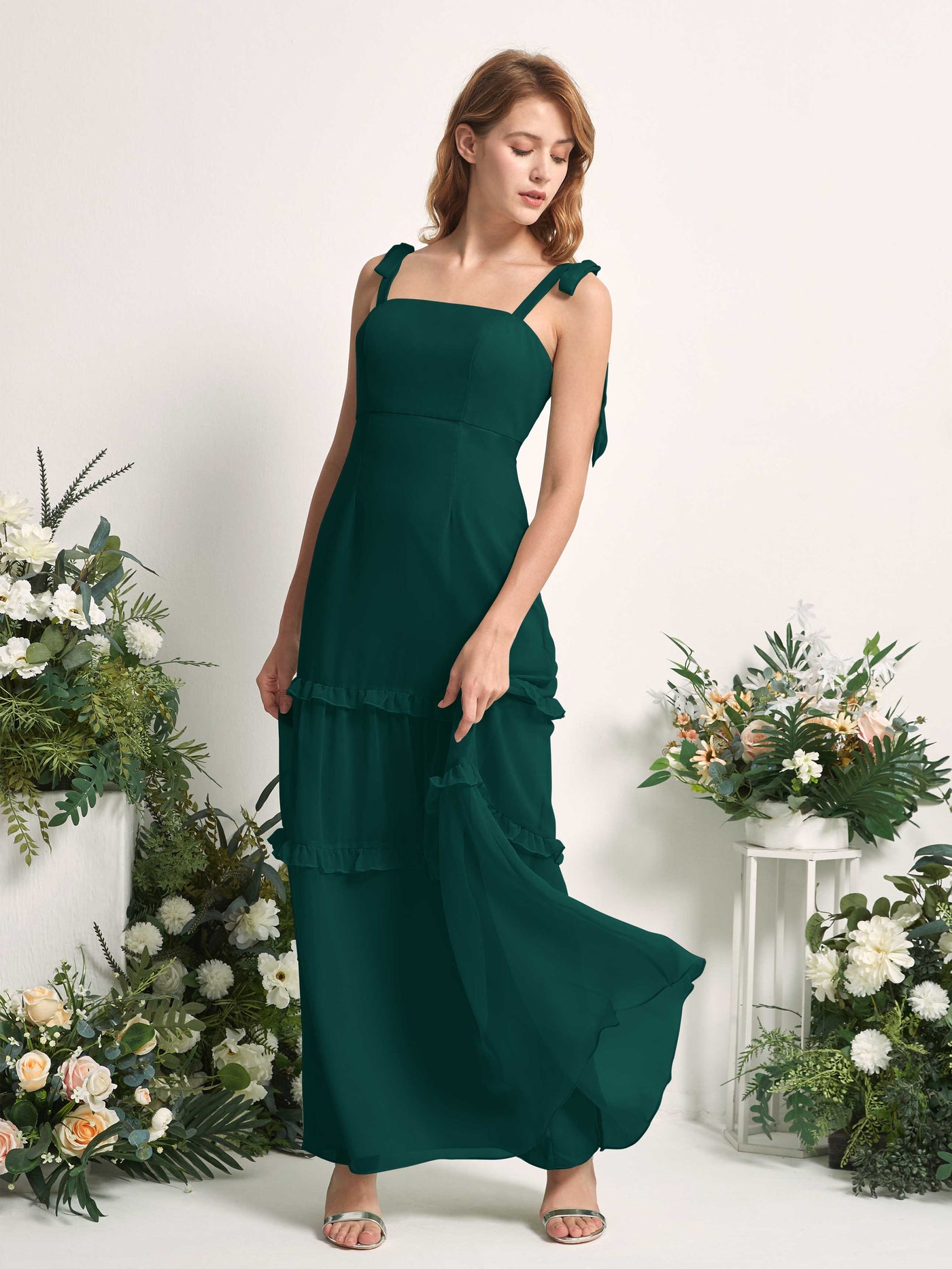 Bridesmaid Dress Chiffon Straps Full Length Sleeveless Wedding Party Dress - Dark Emerald (81227517)#color_dark-emerald