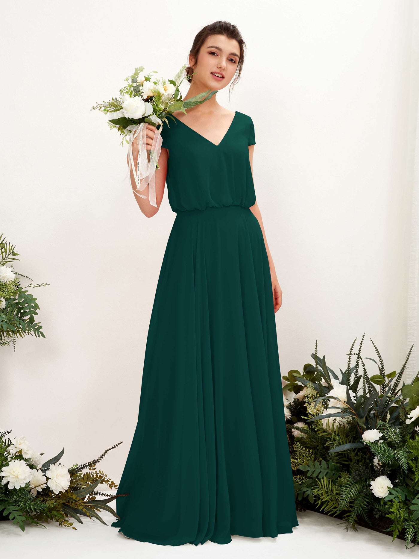 Carlyna Pauline A-Line Dark Emerald Bridesmaid Dress Maxi Cap Sleeve V-Neck Dress #color_dark-emerald