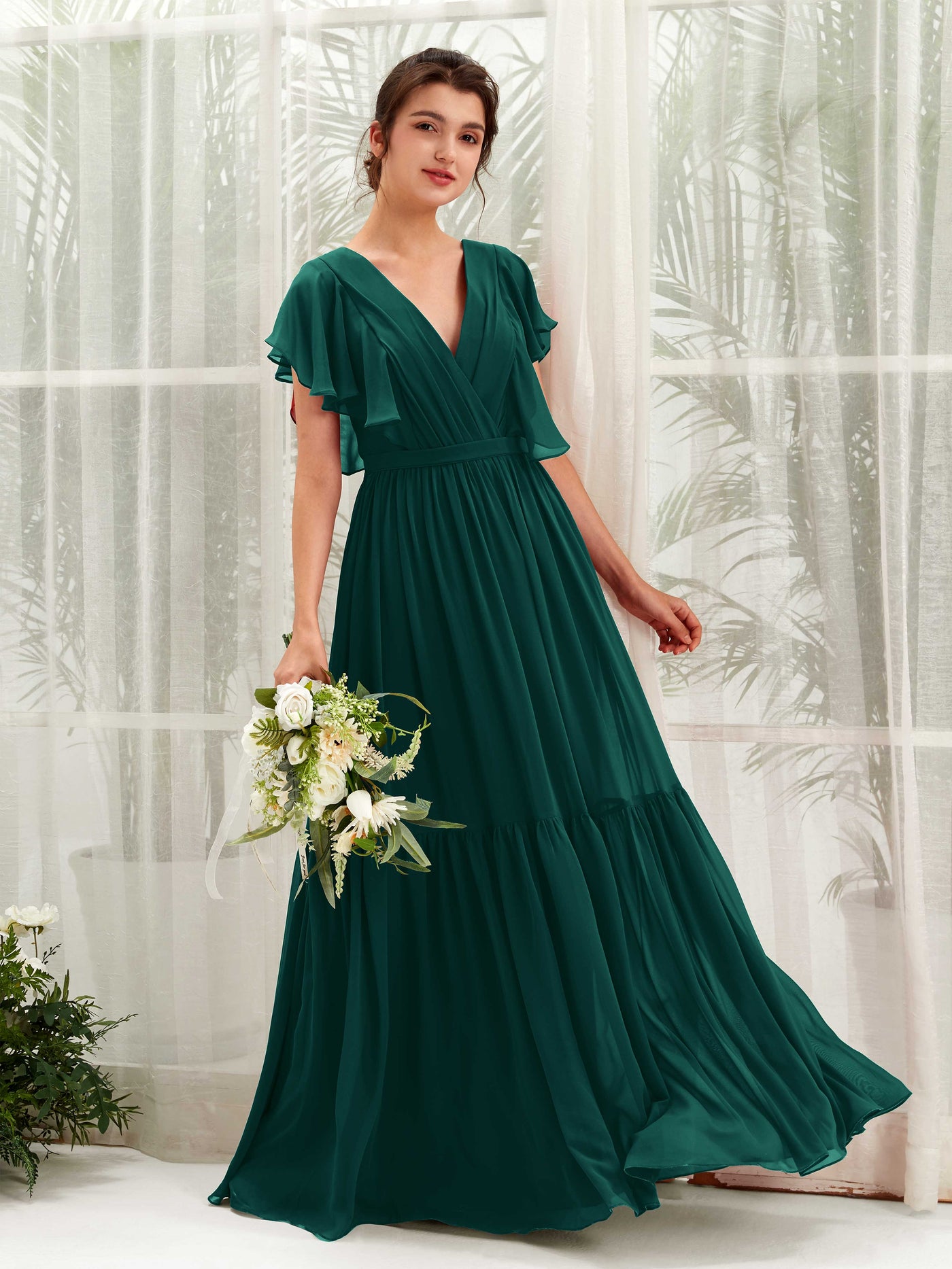 V-neck Cap Sleeves Chiffon Bridesmaid Dress - Dark Emerald (81225917)#color_dark-emerald