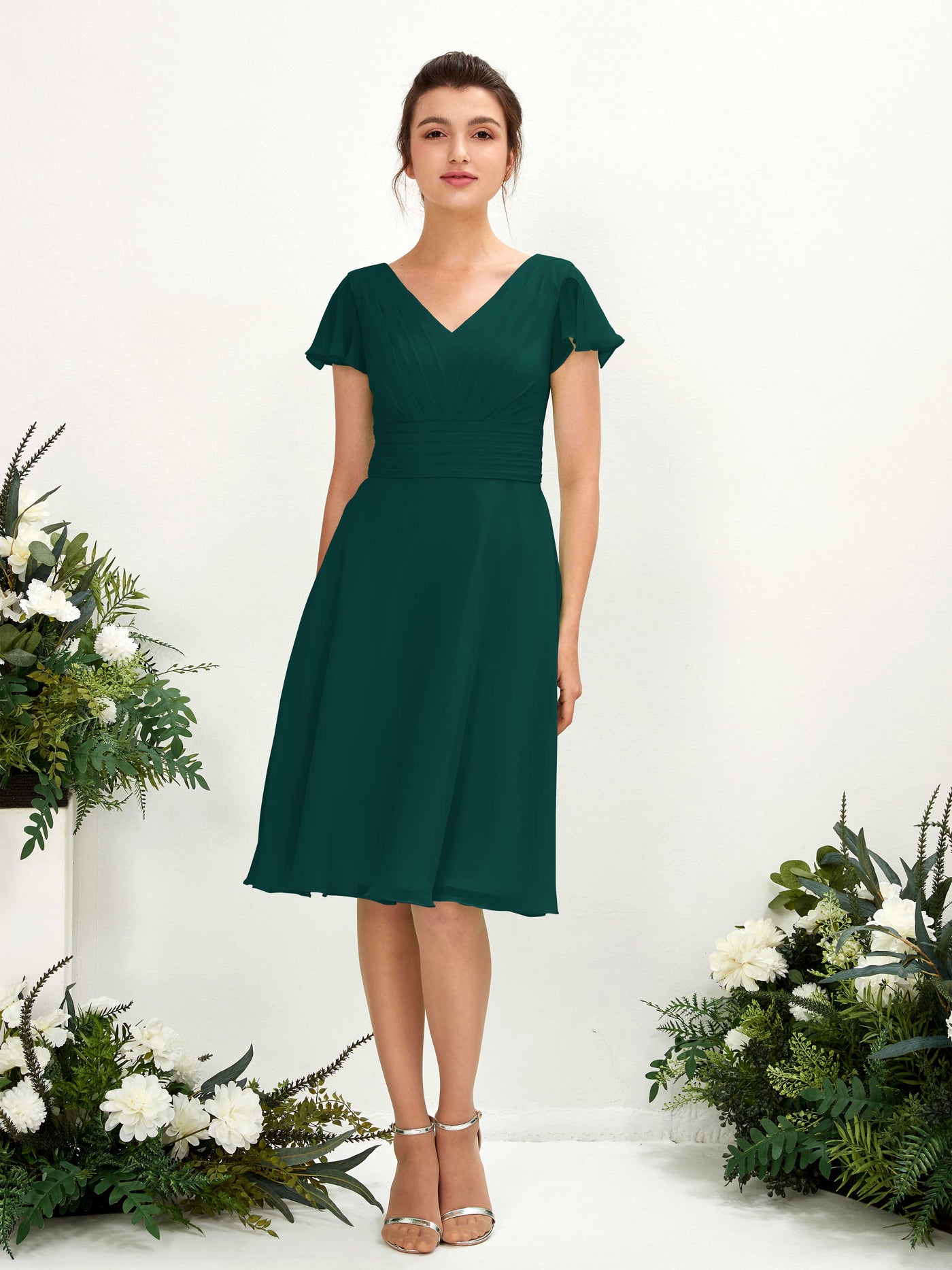 Carlyna Betty A-Line Dark Emerald Bridesmaid Dress Knee-Length Short Sleeve V-Neck Dress #color_dark-emerald