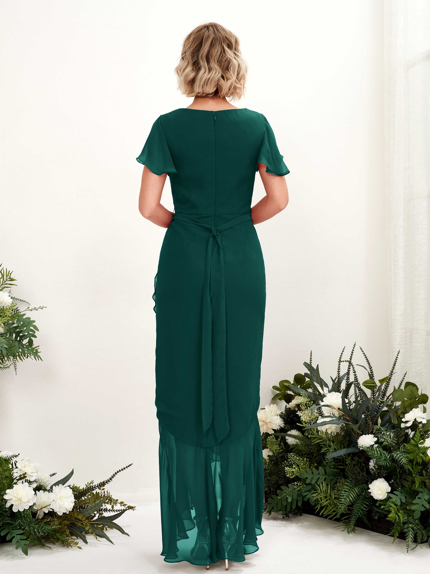 V-neck Short Sleeves Chiffon Bridesmaid Dress - Dark Emerald (81226217)#color_dark-emerald