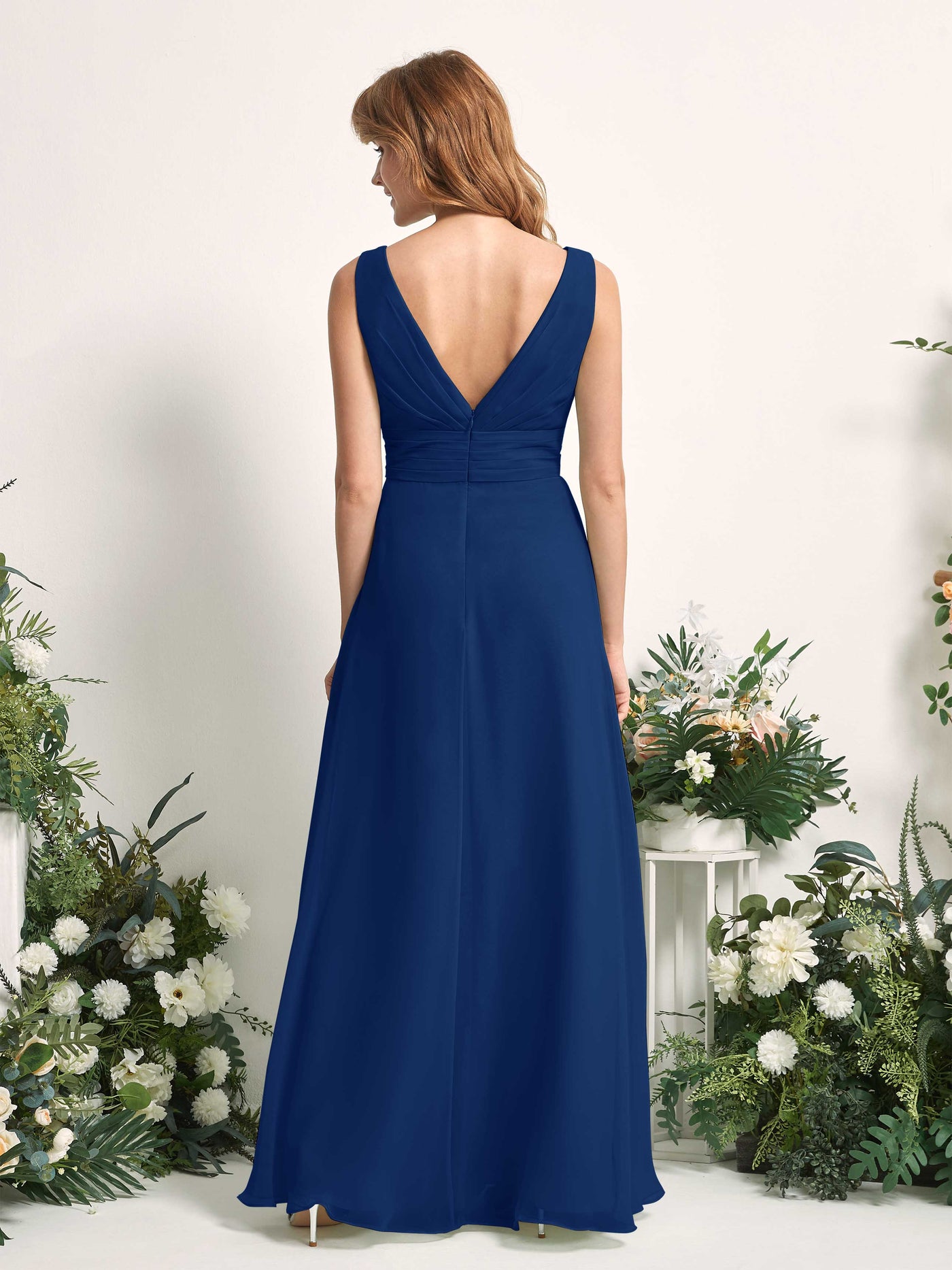 Bridesmaid Dress A-line Chiffon V-neck Full Length Sleeveless Wedding Party Dress - Royal Blue (81227137)#color_royal-blue