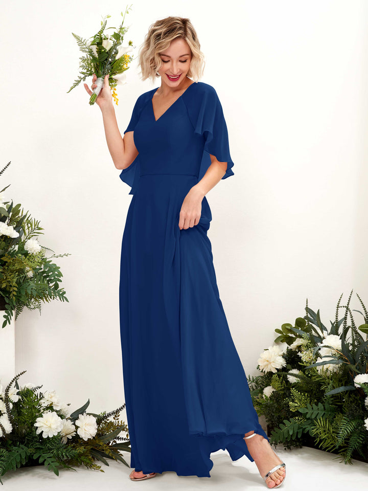 Carlyna Winnie A-Line Royal Blue Bridesmaid Dress Maxi Short Sleeve V-Neck Dress 