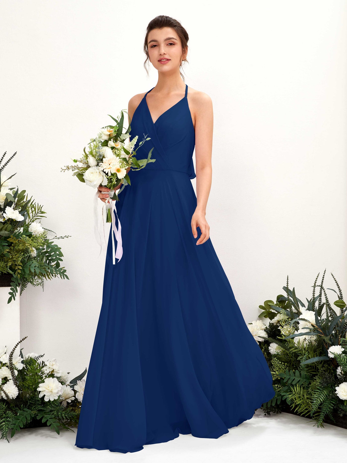 Halter V-neck Sleeveless Chiffon Bridesmaid Dress - Royal Blue (81221037)#color_royal-blue