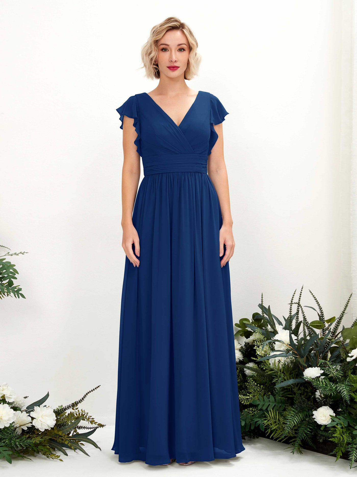 Carlyna Grino A-Line Royal Blue Bridesmaid Dress Maxi Cap Sleeve V-Neck Dress #color_royal-blue