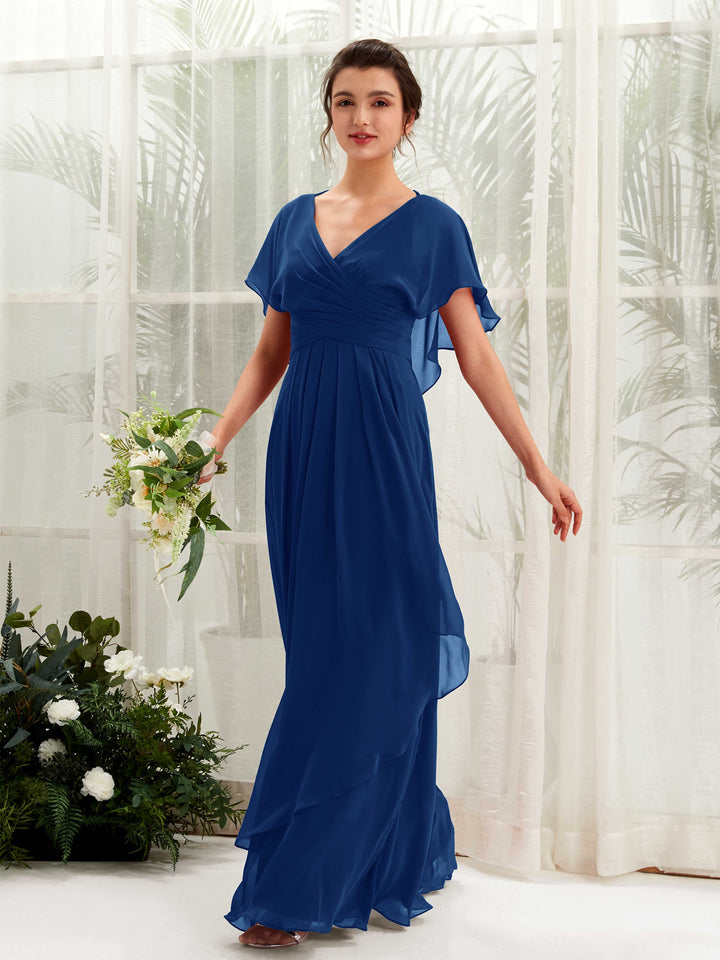 V-neck Short Sleeves Chiffon Bridesmaid Dress - Royal Blue (81226137)