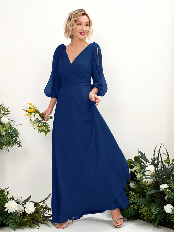 Carlyna Antonia A-Line Royal Blue Bridesmaid Dress Maxi Three Quarter Sleeve V-Neck Dress 