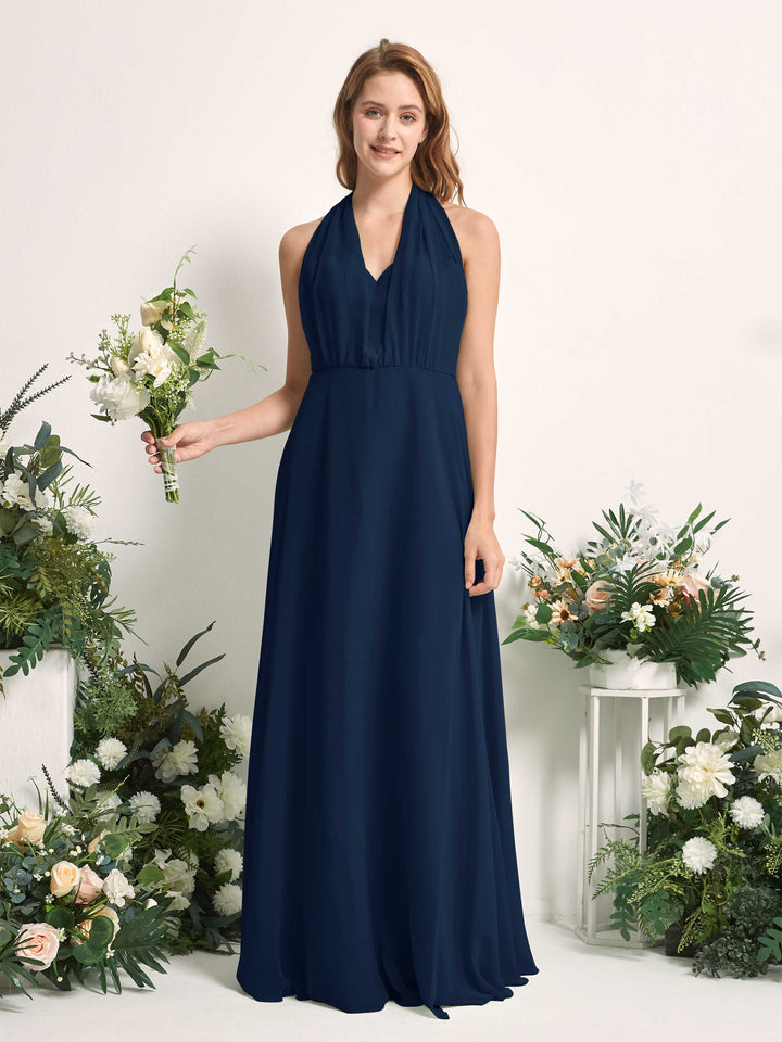 Bridesmaid Dress A-line Chiffon Halter Full Length Short Sleeves Wedding Party Dress - Navy (81226313)