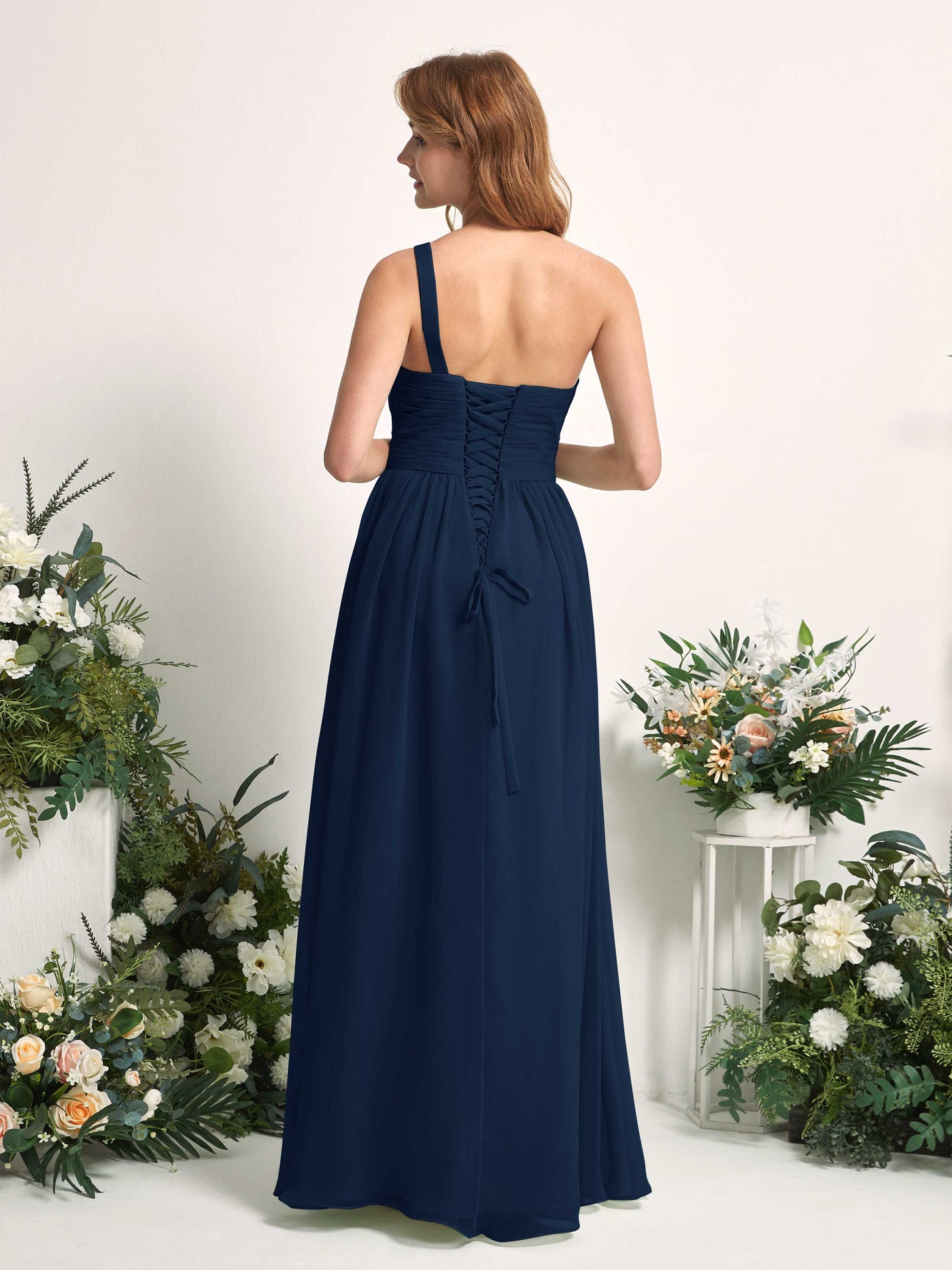 Bridesmaid Dress A-line Chiffon One Shoulder Full Length Sleeveless Wedding Party Dress - Navy (81226713)#color_navy