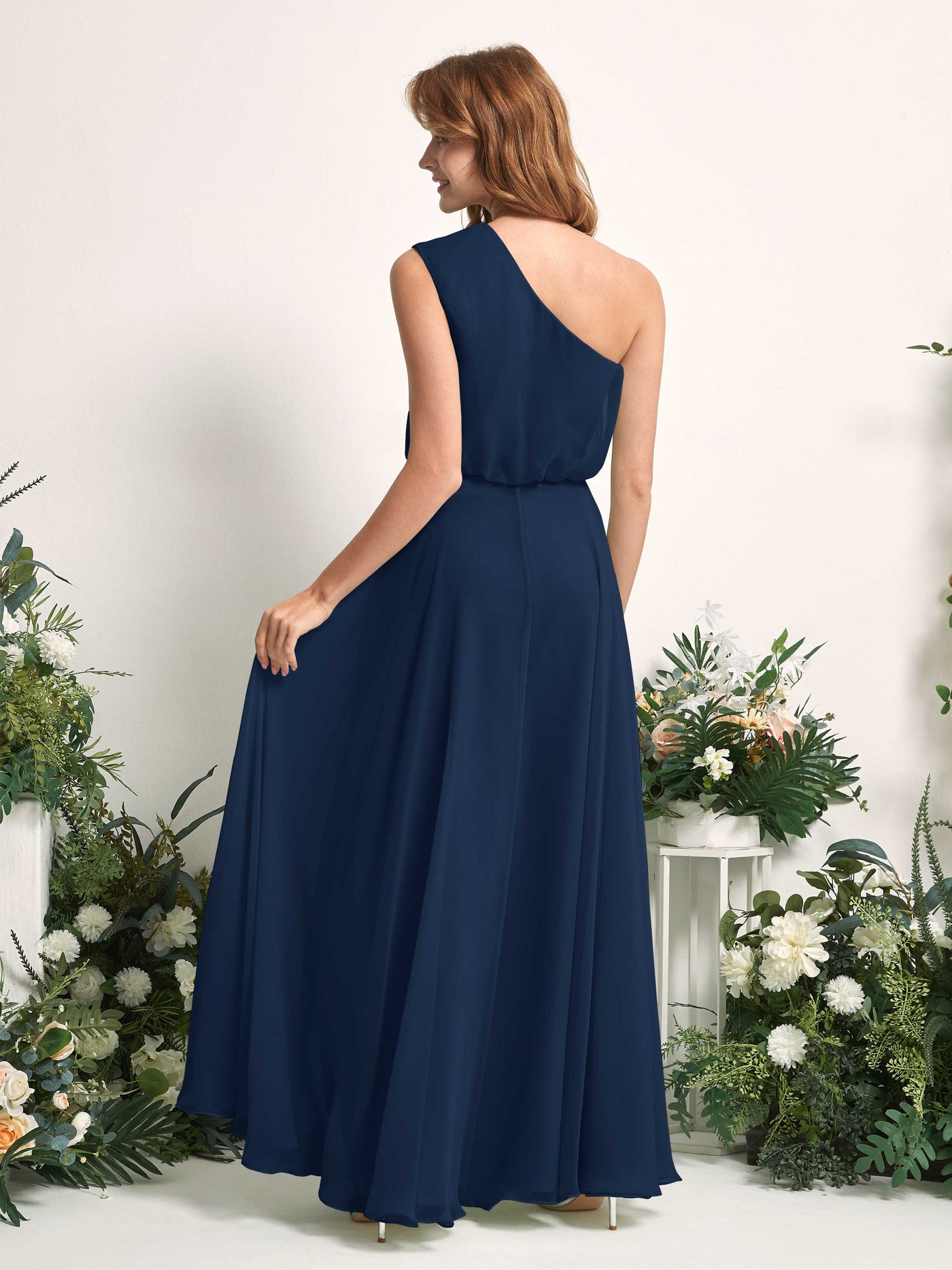 Bridesmaid Dress A-line Chiffon One Shoulder Full Length Sleeveless Wedding Party Dress - Navy (81226813)#color_navy