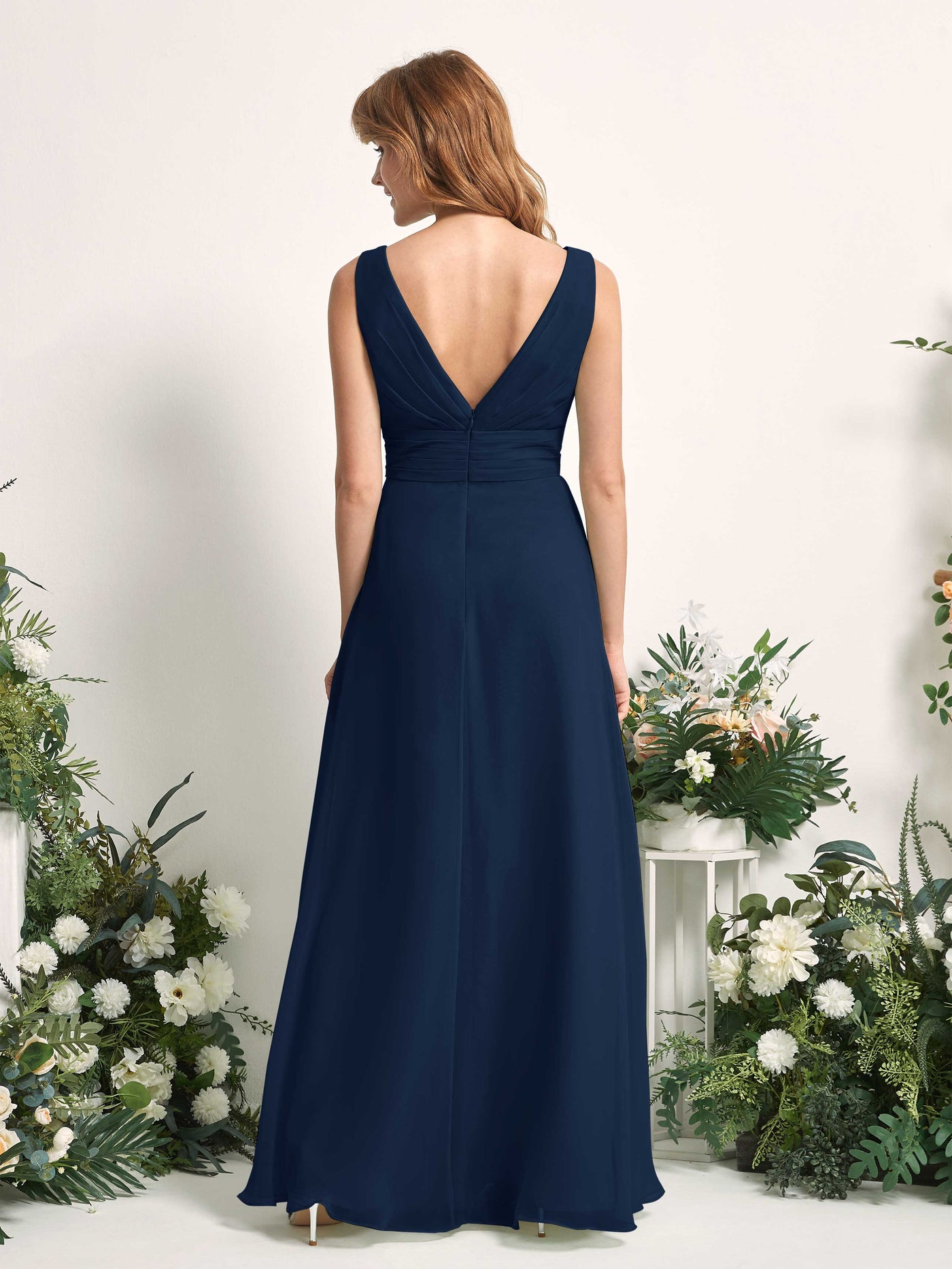 Bridesmaid Dress A-line Chiffon V-neck Full Length Sleeveless Wedding Party Dress - Navy (81227113)#color_navy