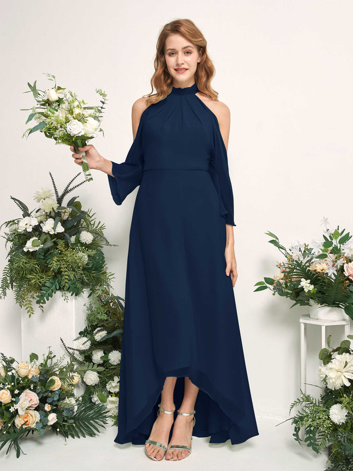 Bridesmaid Dress A-line Chiffon Halter High Low 3/4 Sleeves Wedding Party Dress - Navy (81227613)