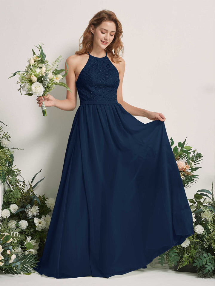 Navy Bridesmaid Dresses A-line Halter Sleeveless Chiffon Dresses (83220813)