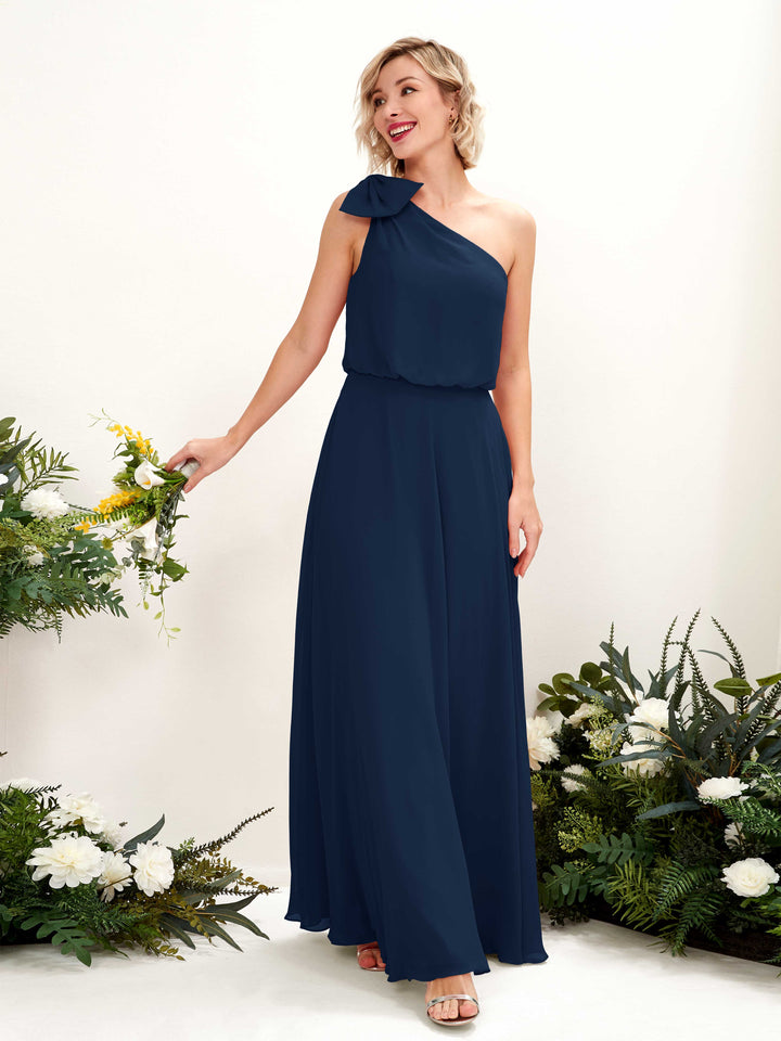 A-line One Shoulder Sleeveless Chiffon Bridesmaid Dress - Navy (81225513)