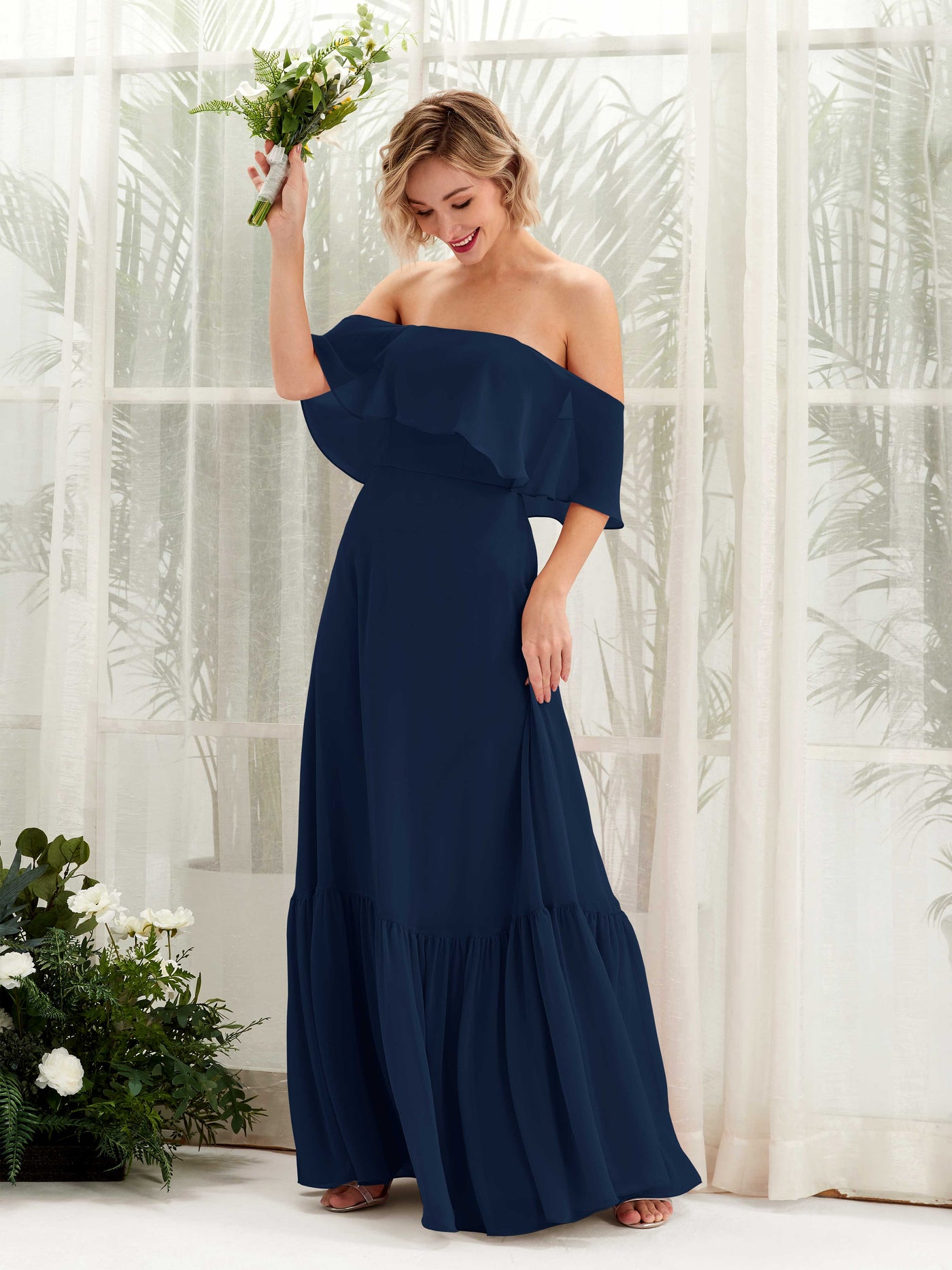 A-line Off Shoulder Chiffon Bridesmaid Dress (81224513)#color_navy