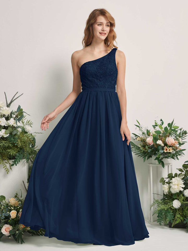 Navy Bridesmaid Dresses A-line Open back One Shoulder Sleeveless Dresses (83220513)