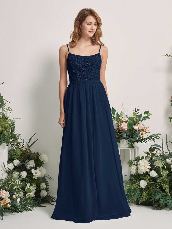 Navy Bridesmaid Dresses A-line Open back Spaghetti-straps Sleeveless Dresses (83220113)