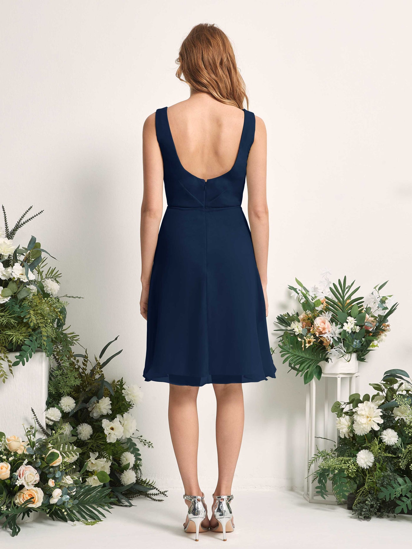 Bridesmaid Dress A-line Chiffon Straps Knee Length Sleeveless Wedding Party Dress - Navy (81226613)#color_navy