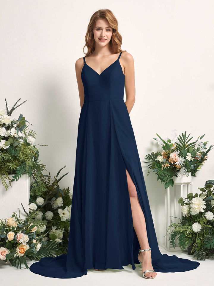 Bridesmaid Dress A-line Chiffon Spaghetti-straps Full Length Sleeveless Wedding Party Dress - Navy (81227713)