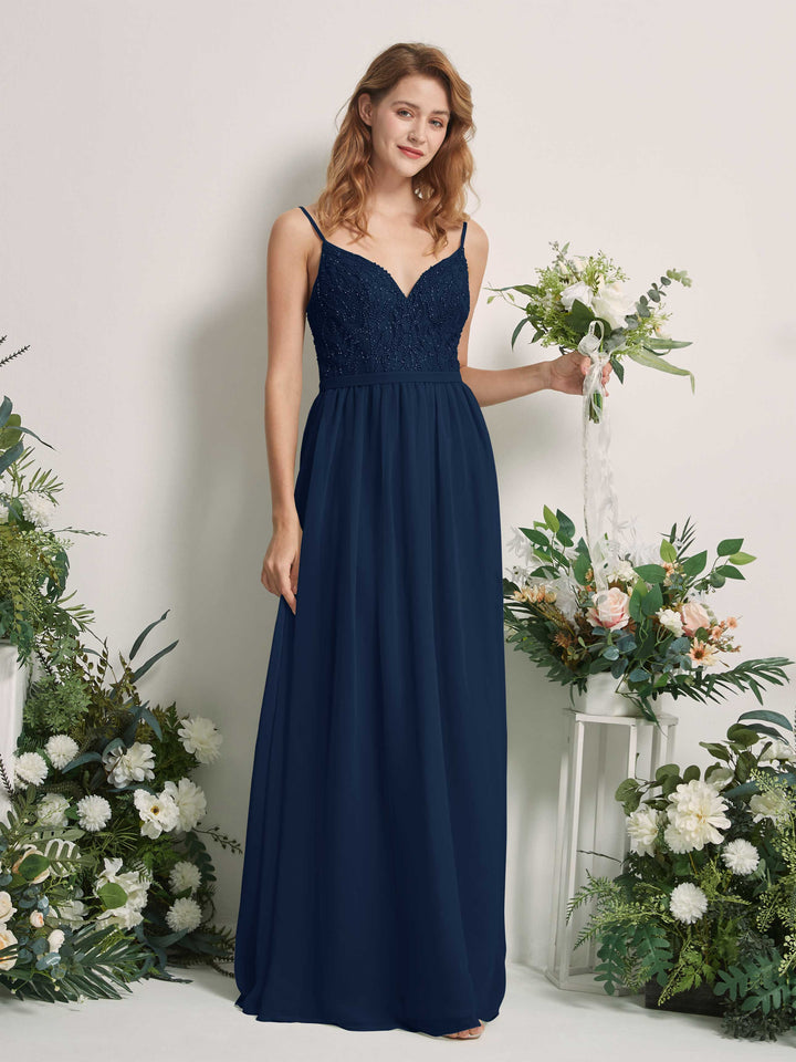 Navy Bridesmaid Dresses A-line Spaghetti-straps Sleeveless Chiffon Dresses (81226513)