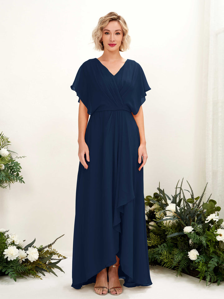 A-line V-neck Short Sleeves Chiffon Bridesmaid Dress  (81222113)