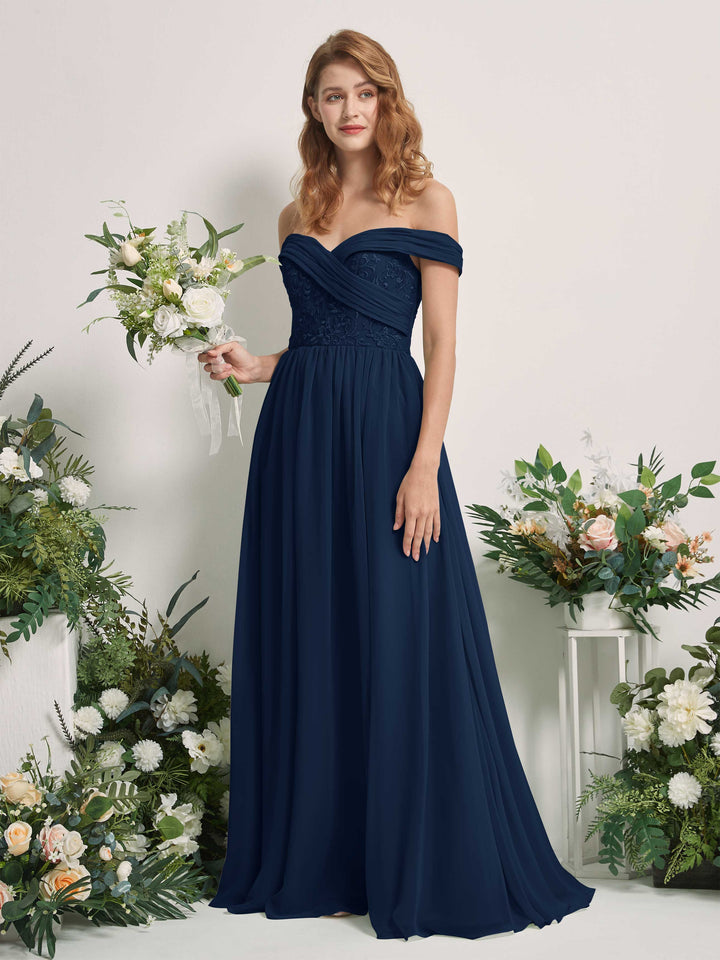 Navy Bridesmaid Dresses Ball Gown Off Shoulder Sleeveless Chiffon Dresses (83220413)