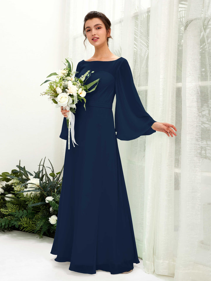 Bateau Illusion Long Sleeves Chiffon Bridesmaid Dress (81220513)