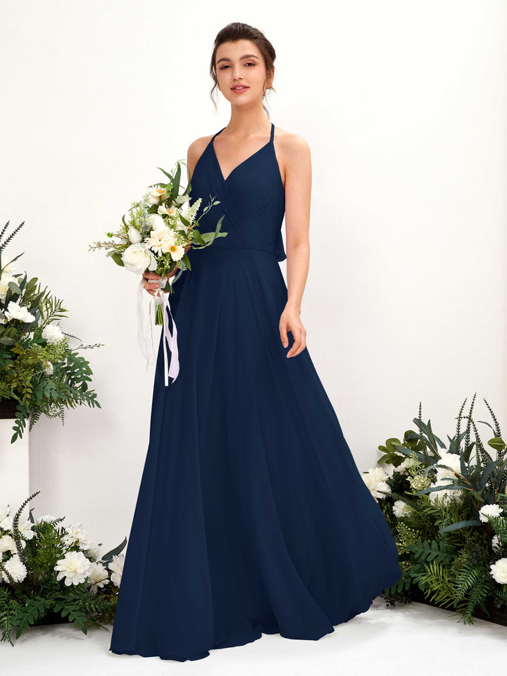 Halter V-neck Sleeveless Chiffon Bridesmaid Dress (81221013)