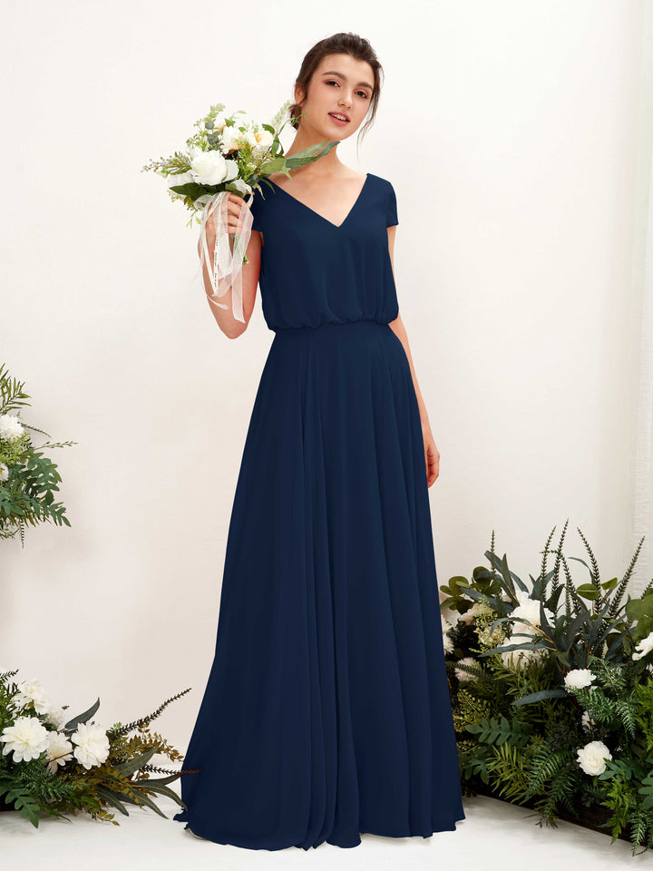 V-neck Cap Sleeves Chiffon Bridesmaid Dress - Navy (81221813)