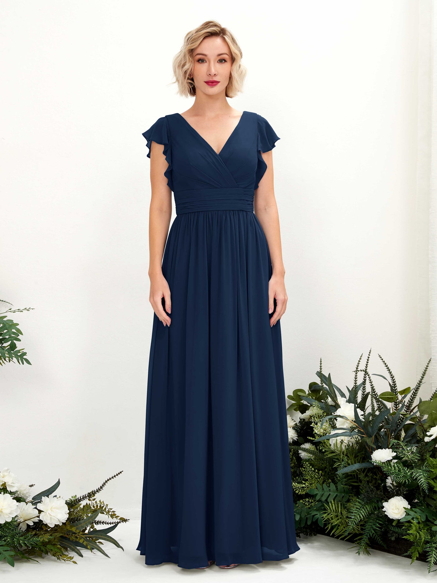 V-neck Short Sleeves Chiffon Bridesmaid Dress (81222713)#color_navy