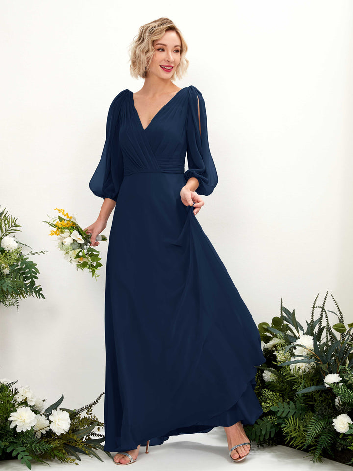 V-neck 3/4 Sleeves Chiffon Bridesmaid Dress (81223513)