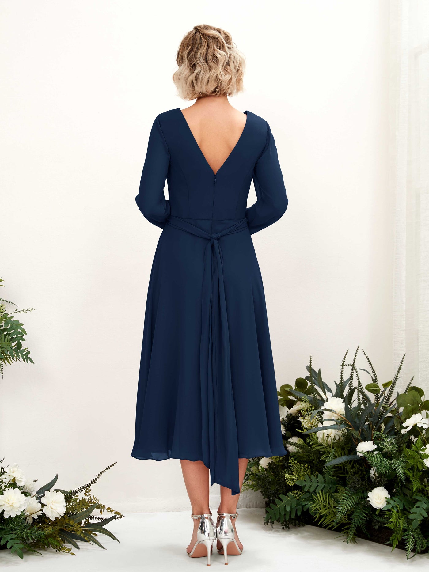 Carlyna Joanna A-Line Navy Bridesmaid Dress Midi Long Sleeve V-Neck  #color_navy