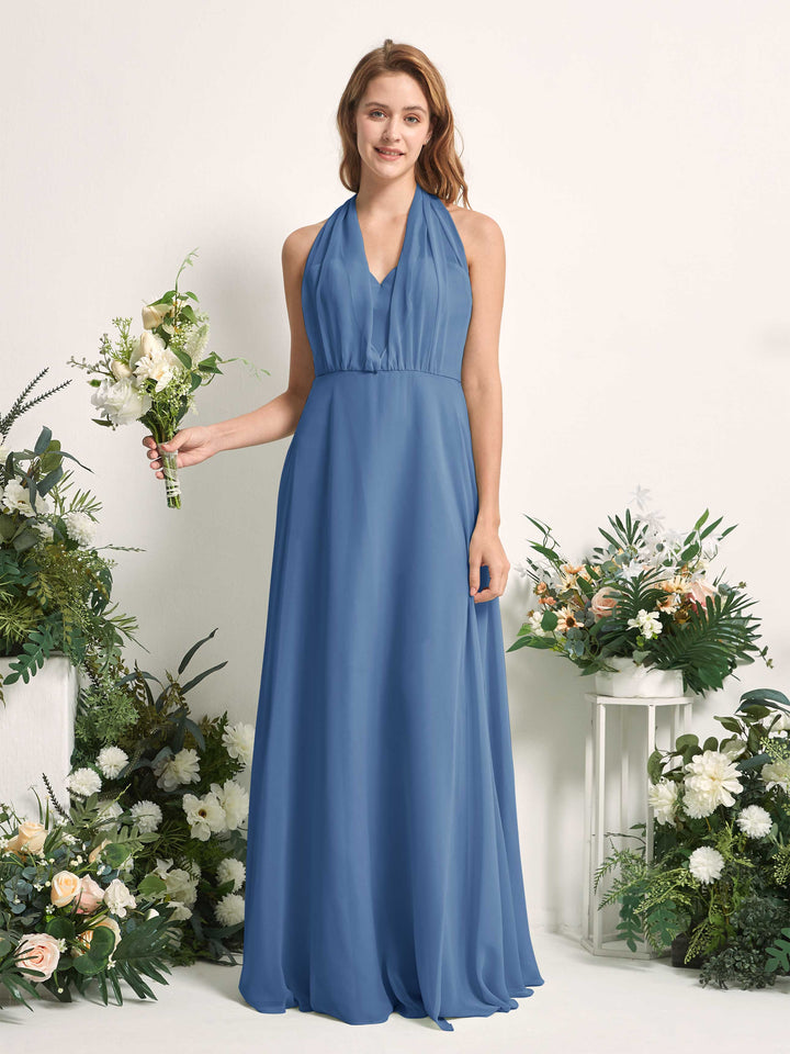 Bridesmaid Dress A-line Chiffon Halter Full Length Short Sleeves Wedding Party Dress - Dusty Blue (81226310)