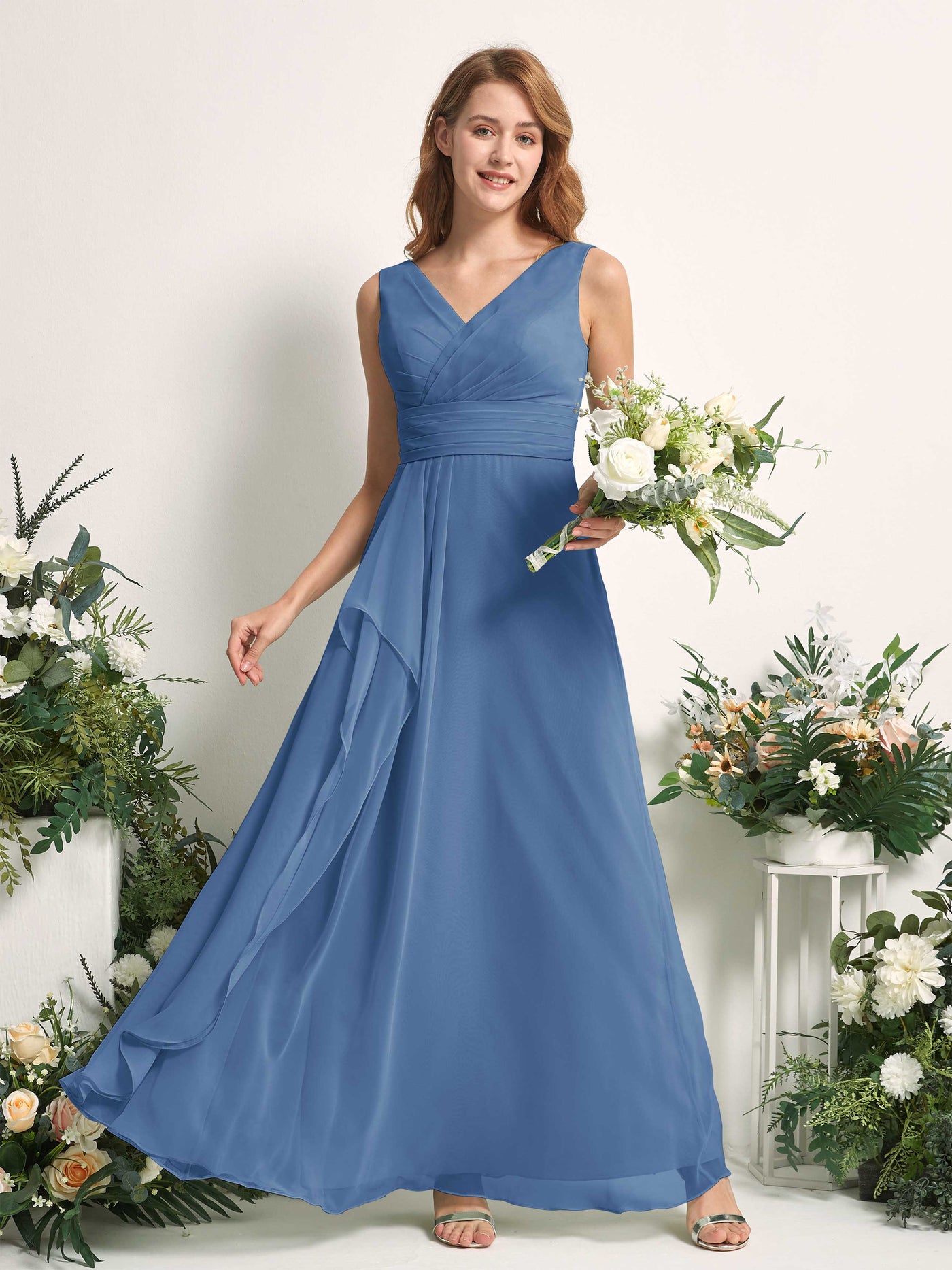 Bridesmaid Dress A-line Chiffon V-neck Full Length Sleeveless Wedding Party Dress - Dusty Blue (81227110)#color_dusty-blue