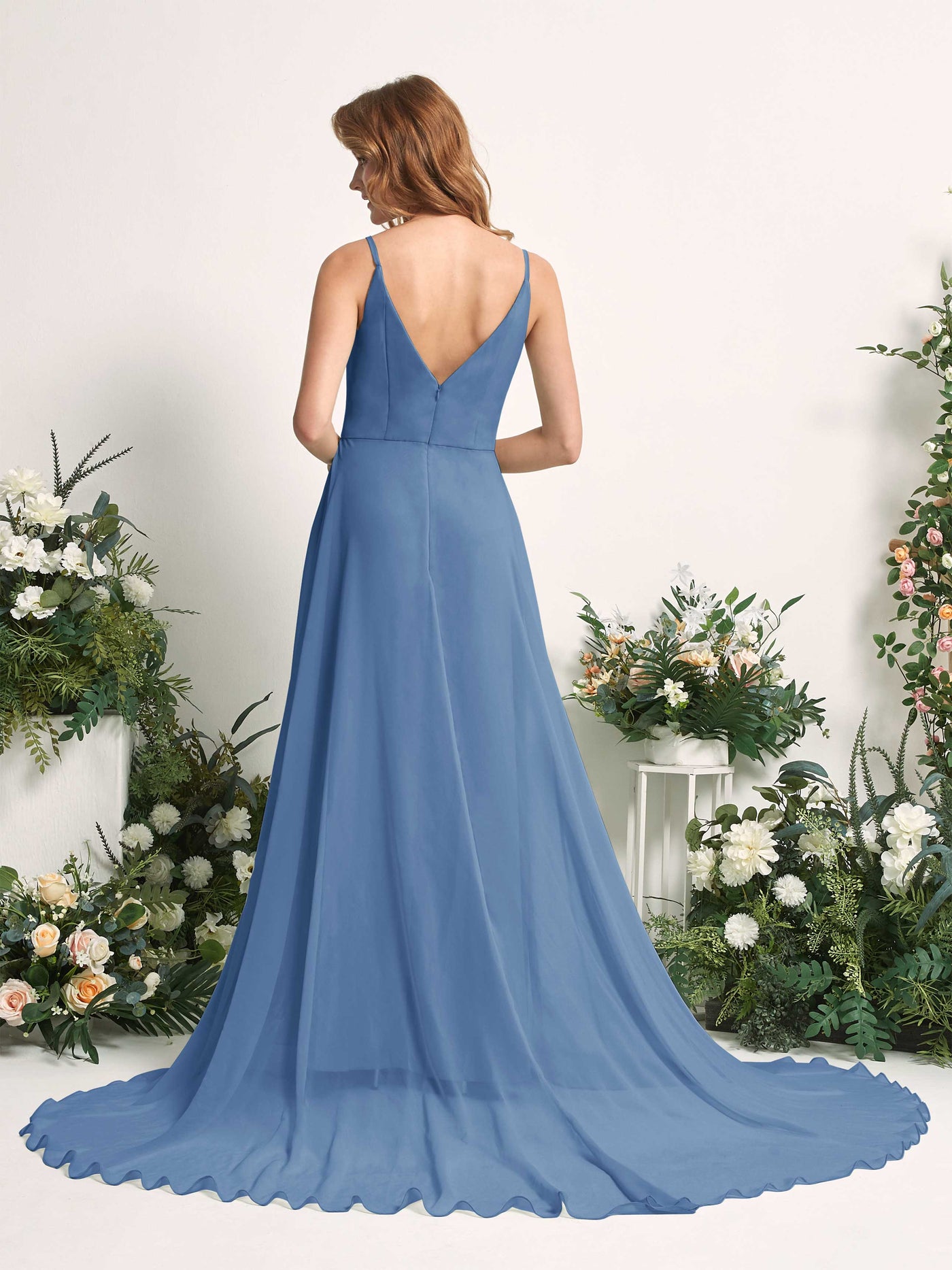 Bridesmaid Dress A-line Chiffon Spaghetti-straps Full Length Sleeveless Wedding Party Dress - Dusty Blue (81227710)#color_dusty-blue