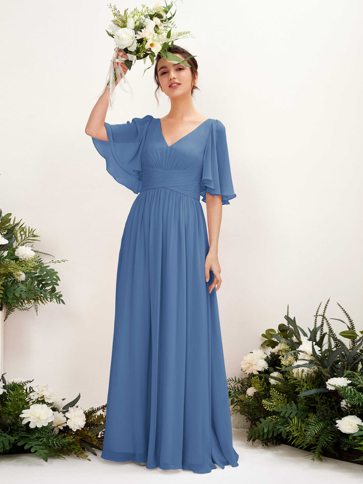 A-line V-neck 1/2 Sleeves Chiffon Bridesmaid Dress - Dusty Blue (81221610)